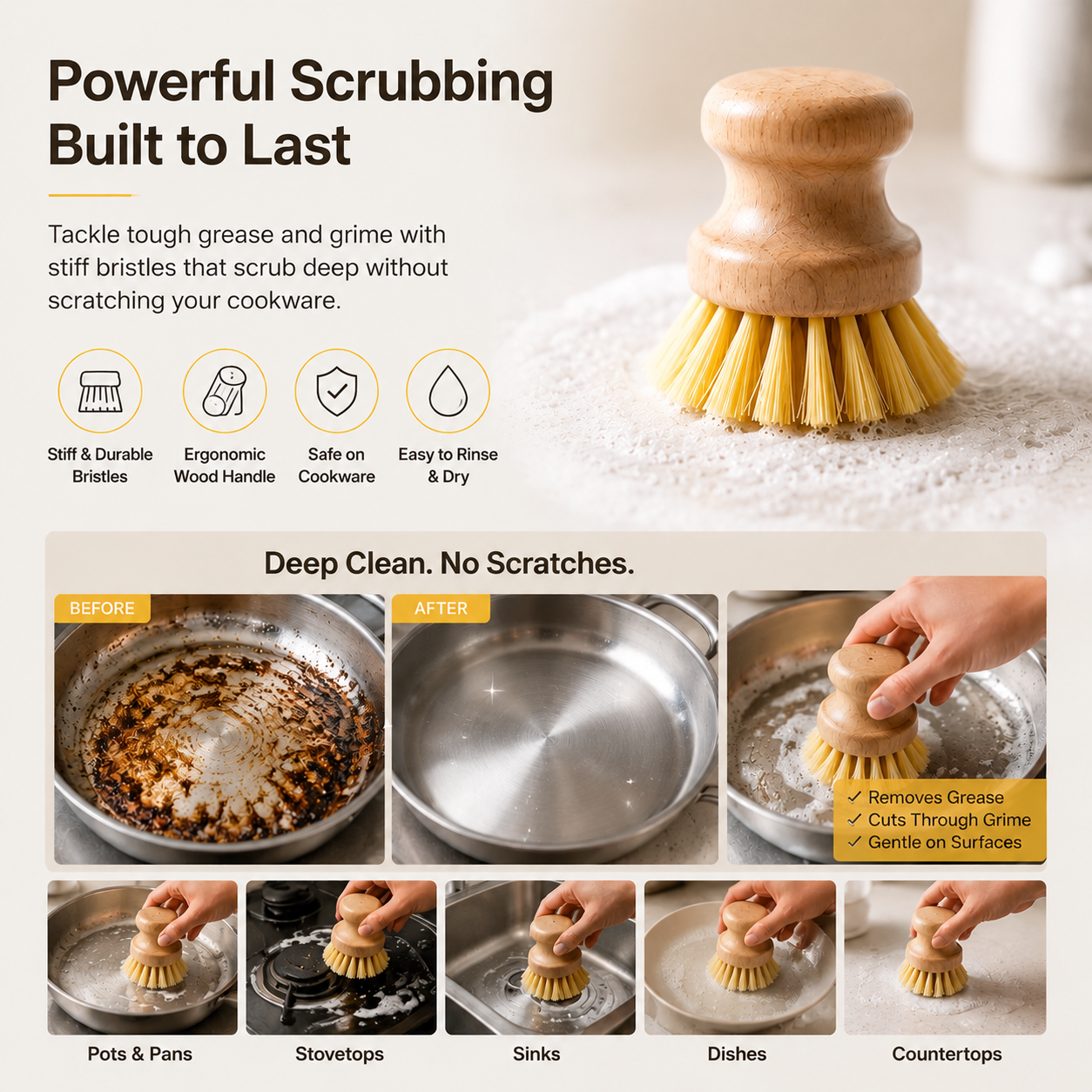 Wooden Handle Kitchen Scrub Brush – Heavy Duty Cleaning Brush for Pots, Pans & Surfaces