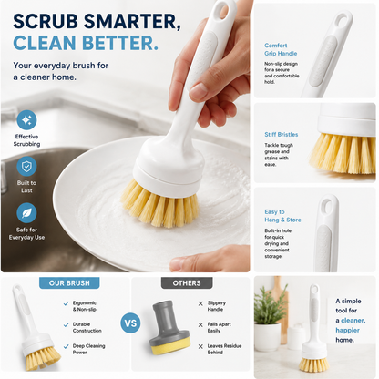 Long Handle Kitchen Scrub Brush – Heavy Duty Cleaning Brush for Pots, Pans & Hard-to-Reach Areas