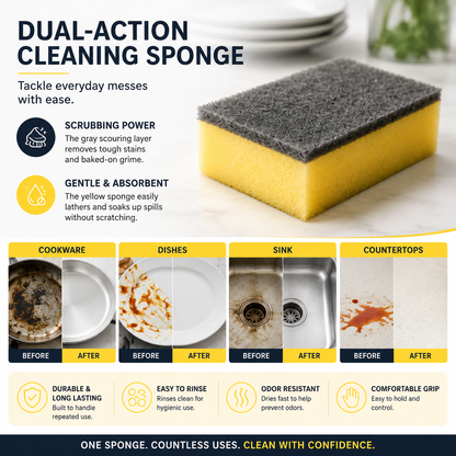 Dual-Sided Kitchen Cleaning Sponge – Heavy Duty Scrub & Absorbent Dish Sponge for Cookware, Sink & Countertops