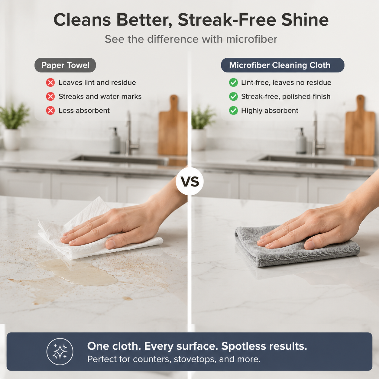 Microfiber Cleaning Cloth – Lint Free, Streak Free, Reusable Multi-Surface Kitchen & Home Cleaner