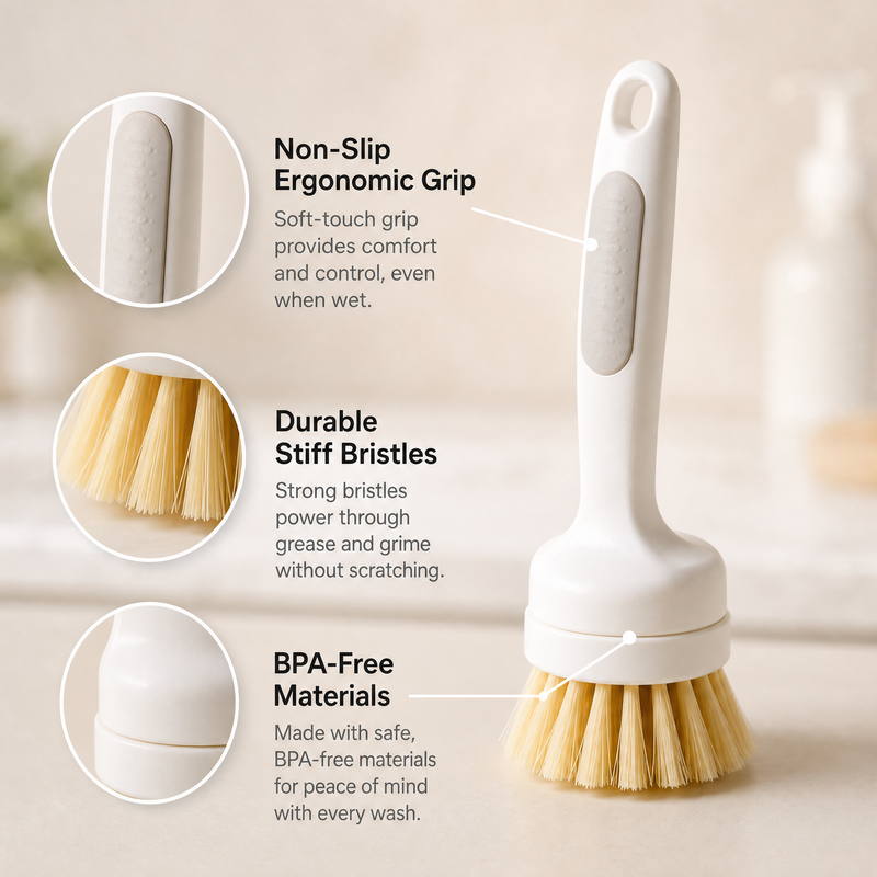 Long Handle Kitchen Scrub Brush – Heavy Duty Cleaning Brush for Pots, Pans & Hard-to-Reach Areas