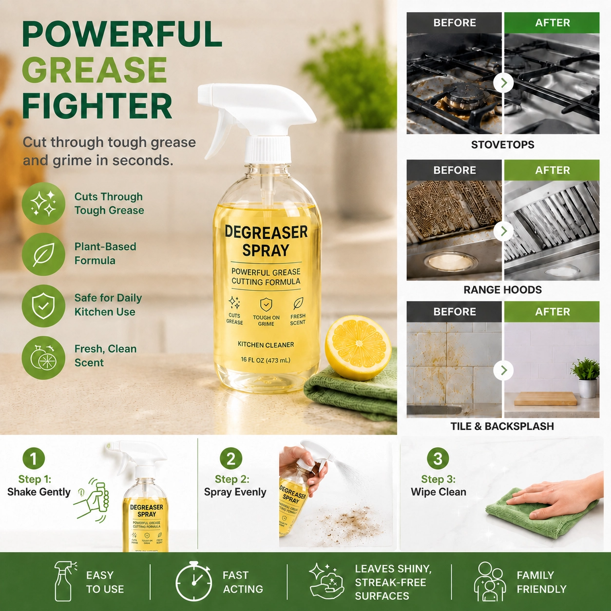 Powerful Kitchen Degreaser Spray Bottle – Fast Acting Grease Remover